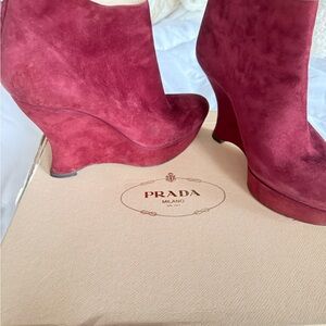 Prada Burgundy Suede Wedge Boots